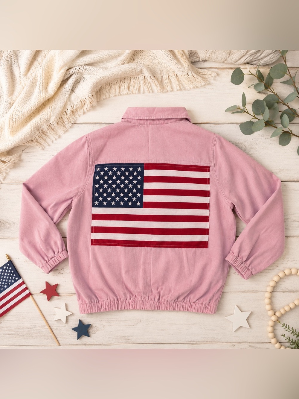 Custom American Flag on Pink Cotton Shirt Jacket